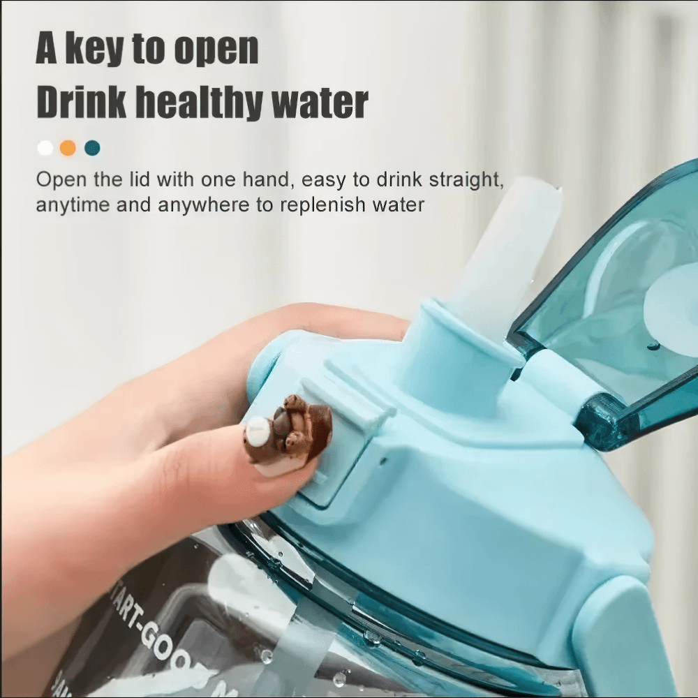 Close-up of a stylish blue sports water bottle with easy-open lid and straw, highlighting portability and eco-friendly design.